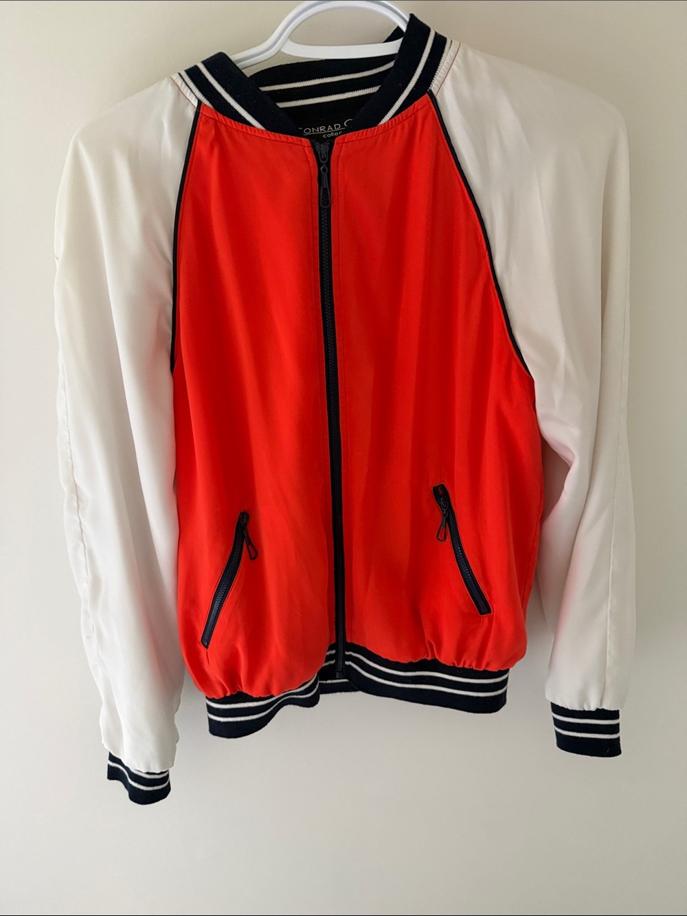 Conrad C. Women's Red and White Bomber Jacket with Striped Trim